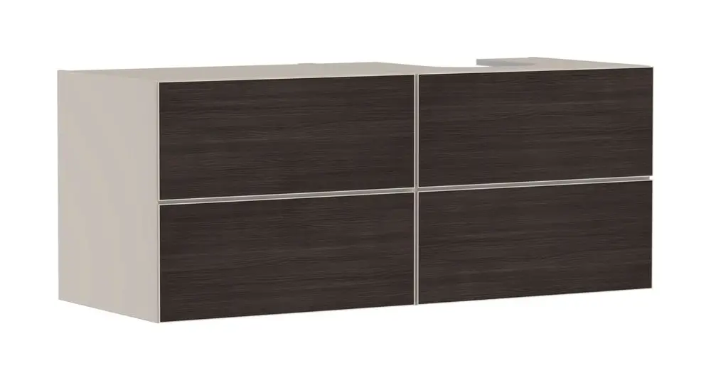 Waschtischunterschrank von Hansgrohe in Sandbeige mit vier Schubkästen, geeignet für einen Aufsatzwaschtisch, mit einem geschliffenen Bereich auf der rechten Seite.